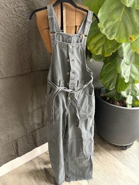 Aerie Gray Denim Overalls with Tie Waist